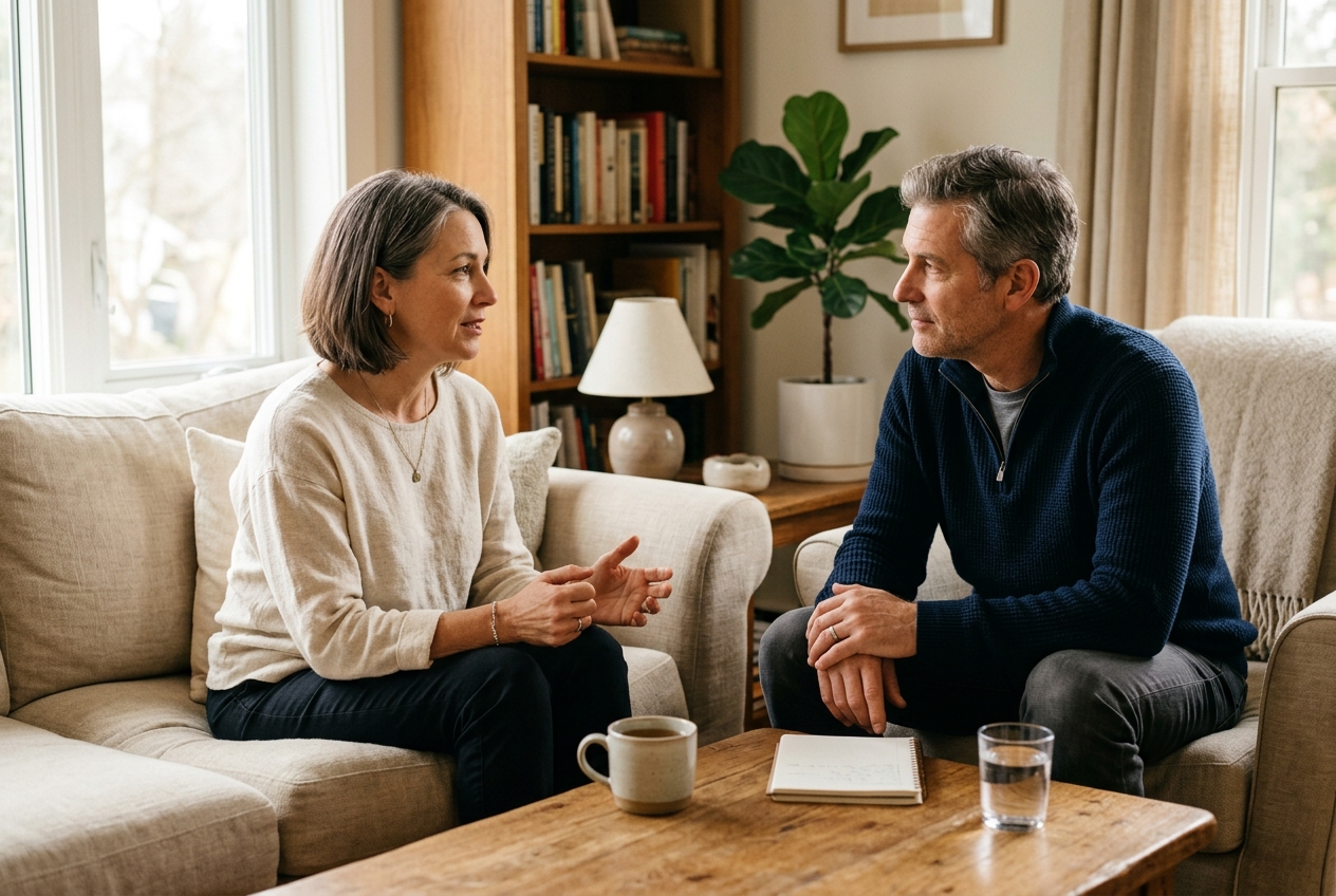 An adult couple in their early 50s seated together on a living room sofa engaged in an attentive, constructive conversation